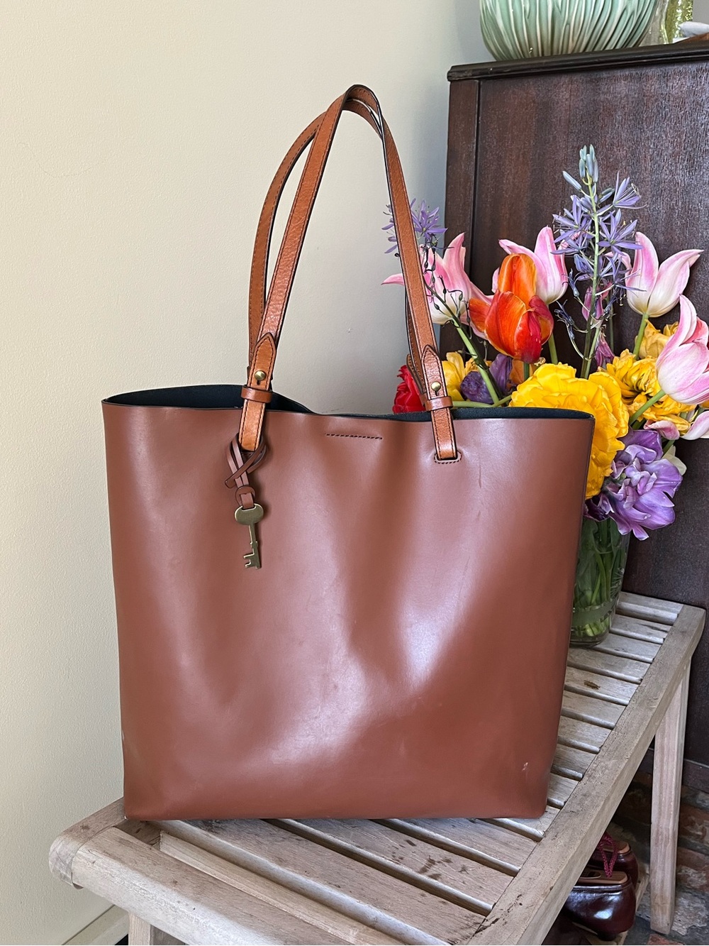 Fossil Cognac Leather Tote Large Work Laptop Bag Minimalist Shopper
